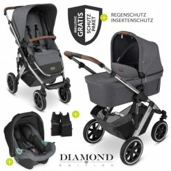 Brand new 🤩 ABC Design 3in1 Kinderwagen-Set Salsa 4 Air - inkl. Babywanne, Autositz Tulip, Sportsitz und Zubehörpaket - Diamond Edition - Asphalt - Collection 2023 😉