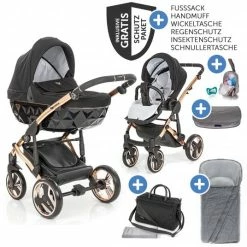 Best deal 💯 Junama 2in1 Kombikinderwagen-Set Diamond Individual - Babywanne, Sportsitz, Wickeltasche, Fußsack & Handmuff - Schwarz Rosegold - Collection 2022 😍