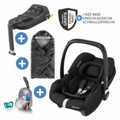 Discount 😍 Maxi-Cosi Babyschale CabrioFix i-Size ab Geburt-15 Monate (40-75 cm) i-Size Base, Einschlagdecke & Schnullerbox - Essential Black - Collection 2022 🥰
