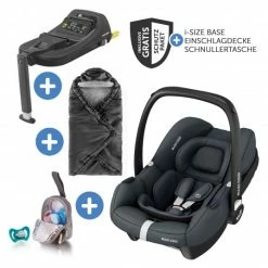Budget 🎉 Maxi-Cosi Babyschale CabrioFix i-Size ab Geburt-15 Monate (40-75 cm) i-Size Base, Einschlagdecke & Schnullerbox - Essential Graphite - Collection 2022 🔔
