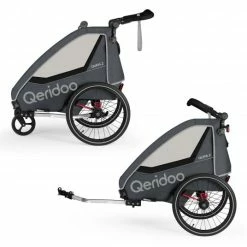 Outlet 🥰 Qeridoo Kinderfahrradanhänger & Buggy QUPA 2 für 2 Kinder mit Kupplung, Blattfeder-Dämpfsystem (bis 60 kg) - Grey - Collection 2022 😀