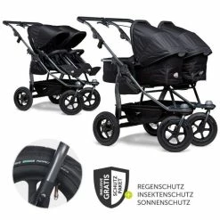 Budget 👏 TFK Geschwister- & Zwillingskinderwagen Duo mit Luftreifen - 2x Kombi-Einheit (Wanne + Sitz) + XXL Zamboo Zubehör - Schwarz - Collection 2022 😀