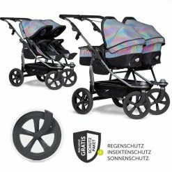 Flash Sale 🛒 TFK Geschwister- & Zwillingswagen Duo mit Luftkammerreifen - 2x Kombi-Einheit (Wanne+Sitz) + XXL Zubehör - Glow in the Dark - Collection 2022 ✔️